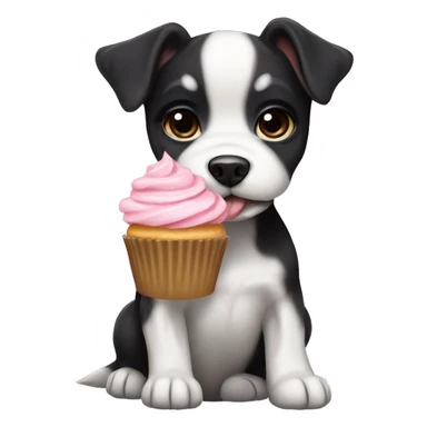 Cute big eyed Black and white teddy Roosevelt terrier puppy (no brown) eating a cupcake sticker