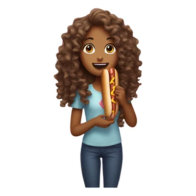 A girl with long curly hair eating hot dog sticker