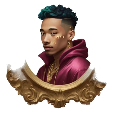 Vintage painting swirls gold jewellery baroque raven wings angel tropical Deep pink maroon burgundy cyan dark hoodie man vitiligo dyed hair gold piercings nose piercing ear piercings sticker
