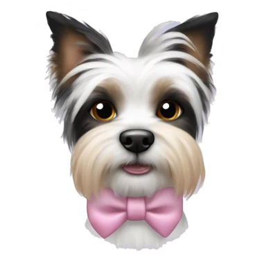 Black and white Biewer Terrier with pink bow between ears. Dog has One blue eye and one brown eye.  sticker
