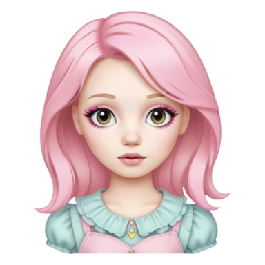 Blonde woman with pastel pink hair, pale skin, doll-like appearance, ThatPoppy music artist sticker