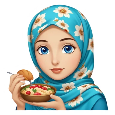 Turkish beautiful finish Konya girl blue eyes with floral hijab islamic dress and she’s savouring delicious food face sticker