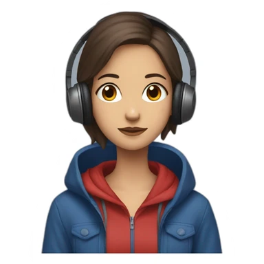 Lo-fi girl studing headphones, blue jacket, red hoodie sticker