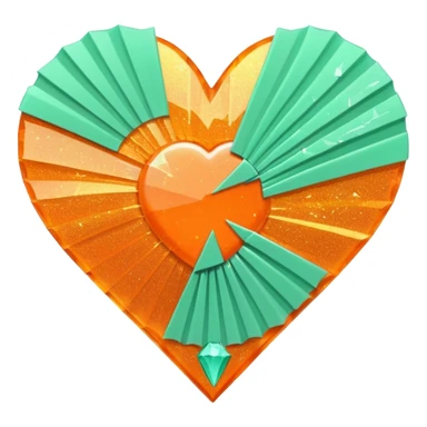orange glittery heart, chopped  in pieces like shattered glass edges  with a couple mint green art deco fans  sticker