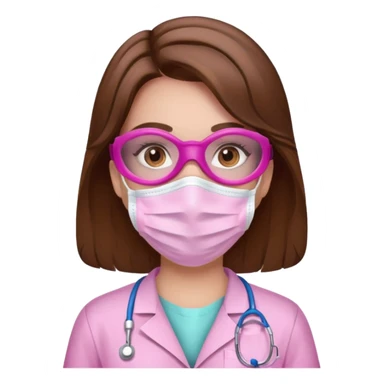 Dentista mujer con mascarilla rosada, cabellos marron, piel blanca, camisa rosada, ojos marrones sticker