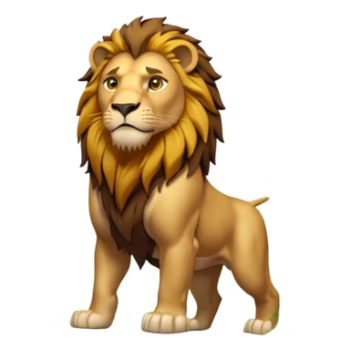 3D cartoon style, vertical 9:16. A dense green jungle with tall trees, morning sunlight beams through leaves, light fog. In the center stands a 5.5 ft strong muscular lion with golden fur, dark brown mane, amber eyes, light battle scars, no clothes, calm expression sticker