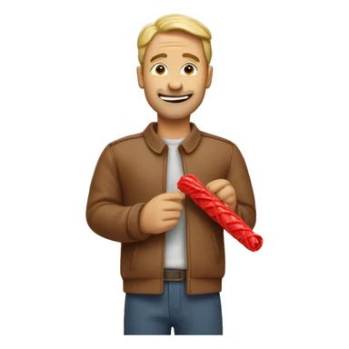 Man eating a big tan colored twizzler candy sticker