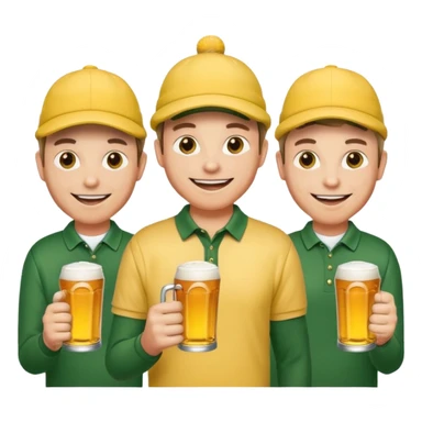 16 men on a golf trip wearing yellow golf caps all holding a beer can with a Xmas style label. Has to be 16 of them. sticker