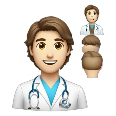 A good looking brown hair, bleu eye with a squared jaw physiotherapist with a doctor lab coat sticker
