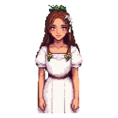 Change the girl's eyes to a rich brown color, keep the pixel art style and the flowery garden background. sticker