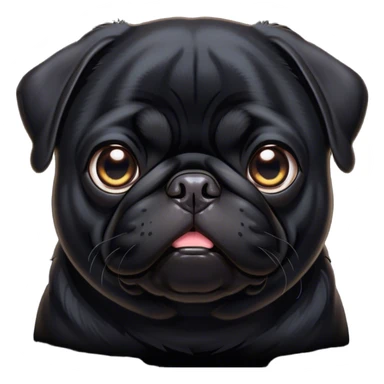 Cinematic Noble Black Pug Portrait Emoji, Poised and regal, with a compact, sturdy build and a sleek, shiny pure black coat, deep-set soulful dark eyes, Simplified yet sharp and sophisticated features, highly detailed, glowing with a soft, dignified glow, high shine, intelligent and spirited, stylized with an air of confidence, focused and attentive, soft glowing outline, capturing the essence of a watchful and commanding companion, so majestic it feels as though it could prance out of the screen with effortless authority! sticker