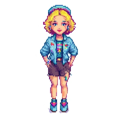 Madonna inspired by 'Borderline', pixel art style, 80s outfit, short hair, bright accessories sticker