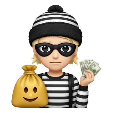 a short ios emoji-style portrait of a classic burglar, a black eye mask and a black-and-white striped shirt. emoji-like hair, black winter-like hat, a bag of money 💰 with a dollar sign in a right corner, evil expression WITHOUT a hand  sticker