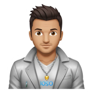 Peter Andre with dark brown hair, shirtless with necklace, silver jacket sticker