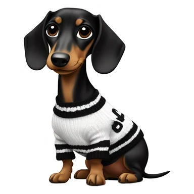 Dachshund wearing black and white Sweater with chanel logo  sticker