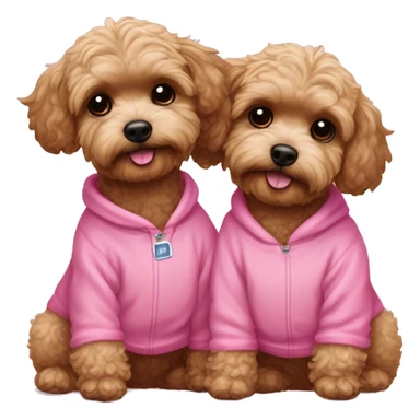 2 brown maltipoo dogs hugging, one wearing a pink sweatshirt and the other wearing a blue sweatshirt sticker