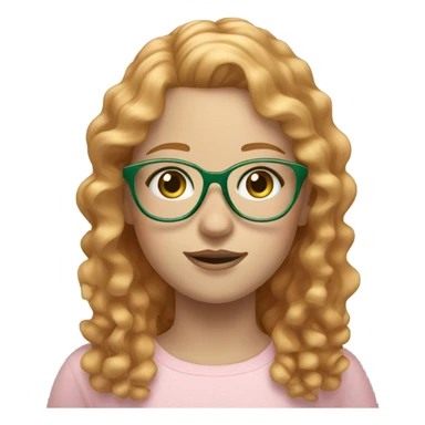 Girl with curly strawberry blond hair, pale skin, freckles, sage green eyes, and light pink glasses sticker