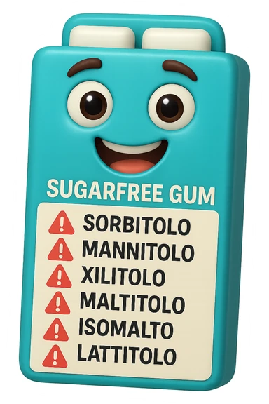 SU QUESTO STILE FAI UN EMOJI STILE IPHONE 3D DI UN pacchetto di gomme senza zucchero con ETICHETTA CON GLI INGREDIENTI SCRITTI, "sorbitolo, mannitolo, xilitolo, maltitolo, isomalto, lattitolo" accanto ad ogni nome scritto mettici un segnale di allarme, FALLO MOLTO REALISTICO IN 3D sticker