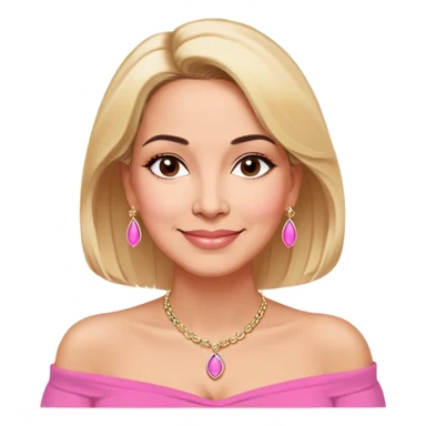 Puerto Rican actress Linette Torres in her 50s with warm light skin, sweet loving expression, gentle kind eyes, well-defined eyebrows, straight nose, warm smile, shoulder-length blonde hair, wearing a pink off-shoulder strapless top and a necklace sticker