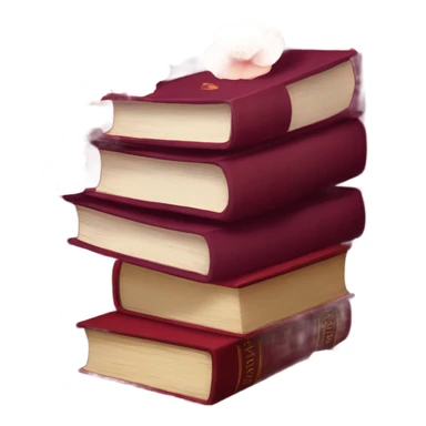 A burgundy book pile with deep red camellias and dried flower petals sticker