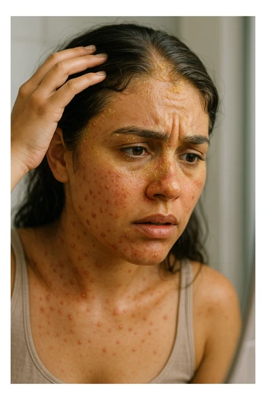 A highly realistic, cinematic close-up portrait of a young woman in her late 20s with medium skin tone, displaying visible folliculitis and seborrheic dermatitis. Small, red, inflamed follicular papules and pustules are scattered along her hairline, jawline, and upper neck, indicating folliculitis. Her scalp and areas around the nose and eyebrows show flaky, greasy yellowish scales, with redness and irritation, indicating seborrheic dermatitis. Her hair appears slightly greasy and clumps near the scalp, emphasizing excess sebum production. She gently touches her irritated scalp with concern while looking at herself in a softly lit bathroom mirror, expressing discomfort and frustration. The environment is neutral and clean, with daylight softly illuminating the scene to highlight the skin and scalp texture. The style is 35mm hyperrealistic, with warm neutral tones and shallow depth of field to maintain focus on her skin, inflammation, and emotional expression, visually explaining the physical discomfort and aesthetic concerns of living with folliculitis and seborrheic dermatitis sticker