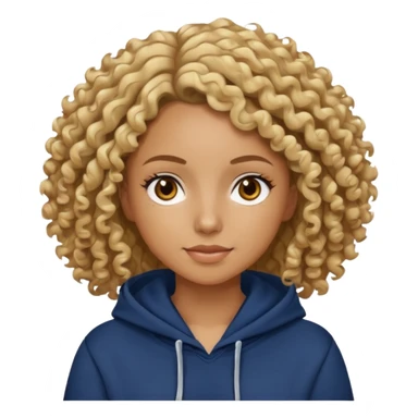 Woman with tan skin, curly hair with some blonde highlights, brown eyes, navy blue hoodie  sticker