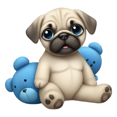 Baby pug with big blue eyes hugging a blue teddy bear  sticker