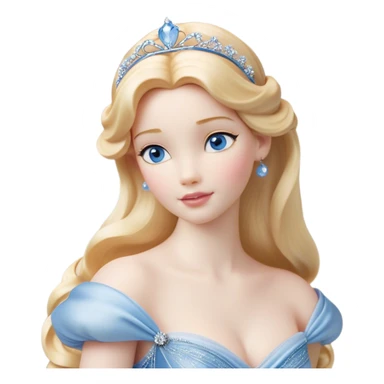Cinematic Realistic Cute Cinderella Portrait, featuring fair, luminous skin with finely detailed texture and softly lit golden-blonde hair cascading in gentle waves. Her warm, inviting blue eyes sparkle with youthful charm and curiosity, while her classic, elegantly draped ball gown reveals meticulously rendered fabric details and natural folds. The overall composition is bathed in a gentle, realistic radiance that exudes both playfulness and heartfelt beauty. sticker