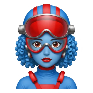 blue curly haired girl with huge earrings, wearing red paintball helmet and eye protection, only face  sticker