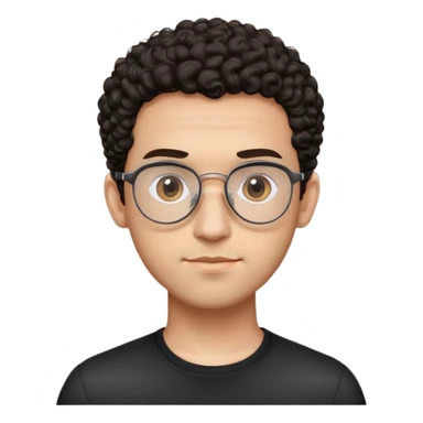 Man with small oval face and big forehead, aviator-style glasses, very short dark curly hair with skin fade (no hair on sides), neutral-friendly expression, light brown skin, wearing a black shirt sticker