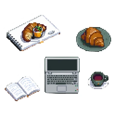 coffee shop accessories: laptop, notebook, and a croissant sticker