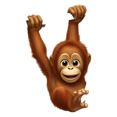 Baby orangutan hanging from a vertical tree branch right hand over his mouth left hand overhead feet gripping the tree trunk sticker