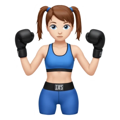 Девушка в чёрных боксёрских перчатках, в стойке, в синем спортивном топе и синих леггинсах, с каштановыми волосами, собранными в хвост, белой кожей и голубыми глазами
 sticker