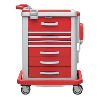 Singular Red medical crash cart is a mobile, multi-drawer unit designed to store and organize emergency medical supplies and equipment and a cardiac defibrillator on top sticker