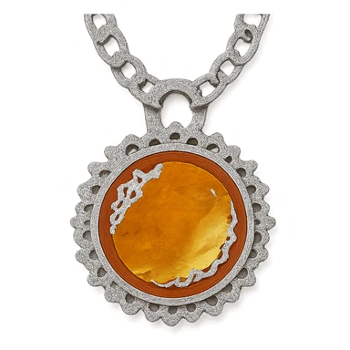 Add a silver chain or ornate setting to the round cut holographic amber charm, keeping the extreme close-up and original style sticker