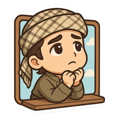 Kurdish sticker, cartoon style, Kurdish man or woman in jamadani, looking at the sky or window, longing expression, no text sticker