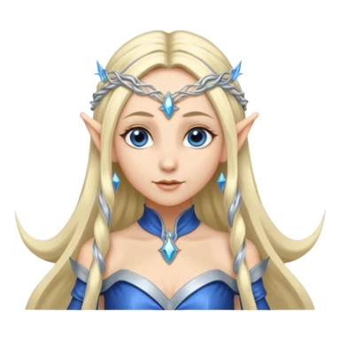 a girl elf with very long blond hair and a twisted headpiece, she's got pointy ears and a blue/silver dress sticker