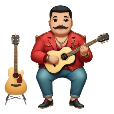 Icon for Chanson: Old fat chanson singer with tattoos and small moustache, red jacket, gold chains and braslettes, sitting on a chair with an acoustic guitar and standing microphone. No earrings. The atmosphere should reflect a nostalgic, soulful vibe with vintage elements. Transparent background. sticker