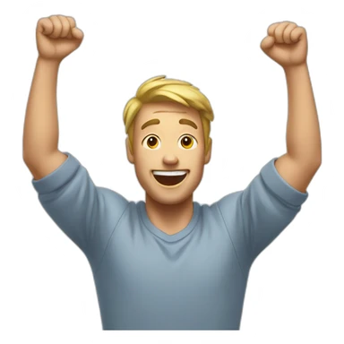 excited man with arms raised above head, he is white sticker