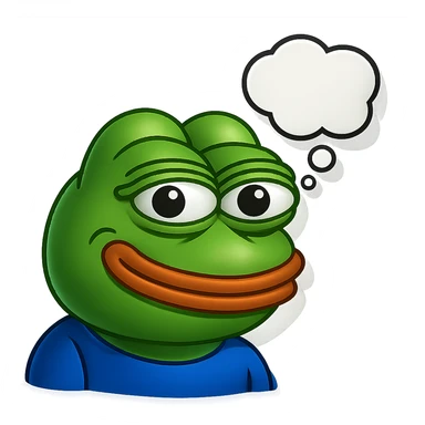 make a pepe in bright green smiling and looking straight at the camera with thought bubble looking at right right in 3d style, good highlights and shadows, drop shadows sticker