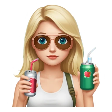 girl with long blond hair
with blue eyes
and aviator sunglasses
wearing white tank top 
holding one soda can without straw
wearing (rose gold apple watch with forest green band) sticker