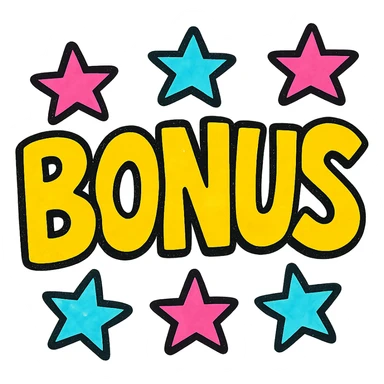 the word BONUS in large letters, all the same bright color, surrounded by stars, no background or sign behind, just the letters and stars, colorful style sticker
