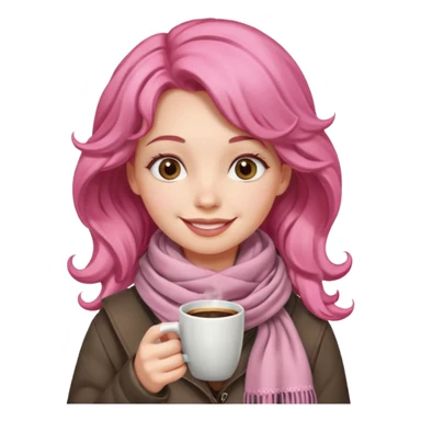 a girl with pink wavy hair, having scarf,  drink coffee, enjoy sticker