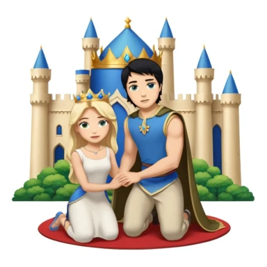 Man as king, standing, black Hair, blue eyes, woman, blonde, green eyes, shott white sleveless Dress, kneeling, background palace sticker