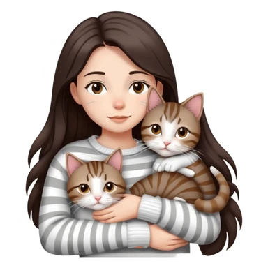 a girl with long dark brown hair, in a
white sweater and brown eyes, hugs a tabby
grey and white strips one cat.  sticker