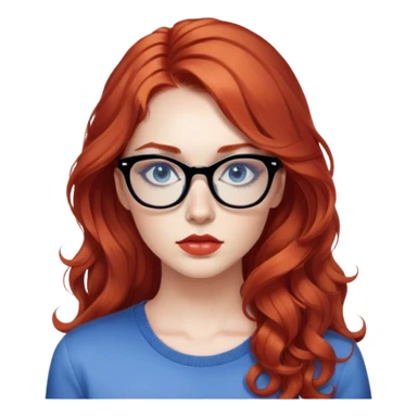 Nữ 25 tuổi, da trắng, tóc dài xoăn nhẹ màu đỏ, gọng kính màu đen, mắt kính màu xanh dương , mặt nghiêm túc, lông mi dài, trang điểm khá đậm, áo phong cách fashion insta sticker