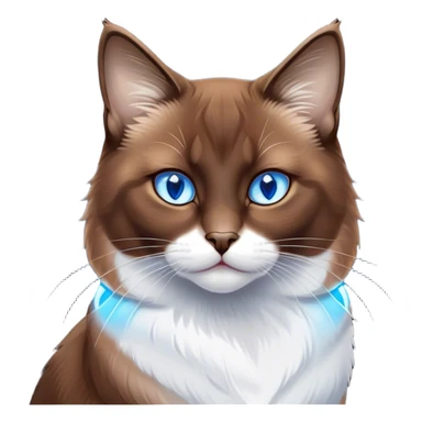 Cinematic Noble Brown Mantle Snowshoe Cat Portrait Emoji, Poised and regal, with sleek brown fur draping elegantly over its back like a mantle, contrasted by a crisp white chest, paws, and facial markings, piercing icy-blue eyes, Simplified yet sharp and sophisticated features, highly detailed, glowing with a soft, dignified glow, high shine, intelligent and graceful, stylized with an air of elegance, focused and attentive, soft glowing outline, capturing the essence of a watchful and refined feline, so majestic it feels as though it could glide across the screen with effortless confidence! sticker