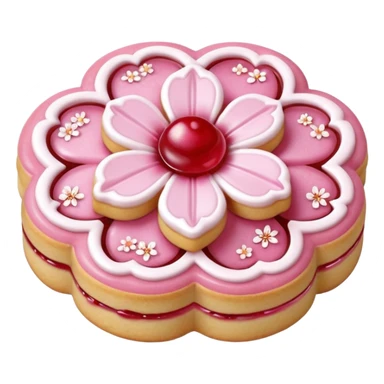 Realistic shortbread cookie in the shape of a cherry blossom with pale pink color jelly middle filling and sprinkled powder sugar on top. sticker