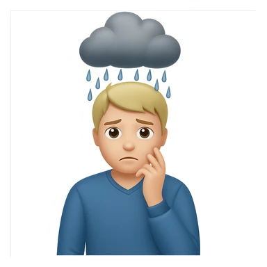 Add a rain cloud above the man. Keep the background transparent. The style should maintain the original look of the image. sticker