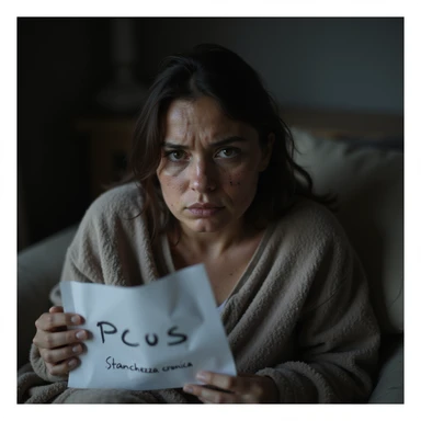 hyperrealistic 4K image of a woman with PCOS, face with acne and chin hair, thin hair, extremely tired expression, eyes with dark circles, curved posture, sitting on a sofa with a blanket, dimly lit home environment, holding a sheet with visible text 'PCOS' and 'Stanchezza cronica' sticker